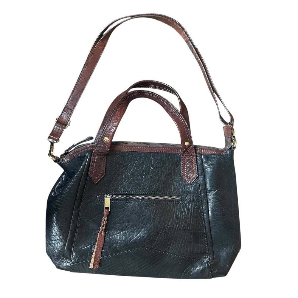 BORN Black‎ Leather Brown Trim Satchel Handbag Purse Double & Long Handle Large